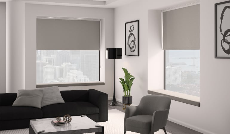Roller shades in a living room.